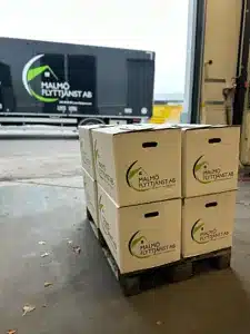 Fyra flyttkartonger märkta Malmö Flyttjänst AB staplade på en pall i en lagerlokal.